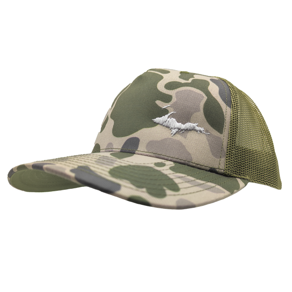 Hat - "U.P. Silhouette (Corner)" Marsh Duck Camo/Loden Mid Profile Trucker Hat