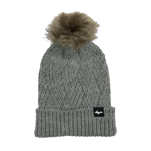 Beanie - "Upper Peninsula" Grey Fur Pom Beanie