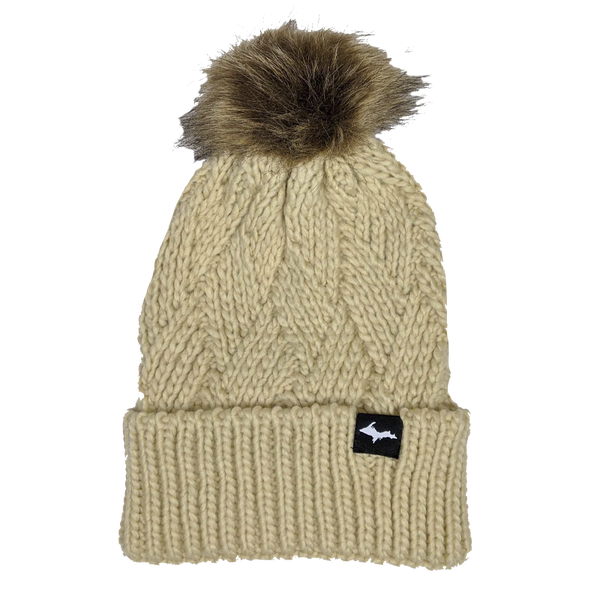 Beanie - "Upper Peninsula" Khaki Fur Pom Beanie