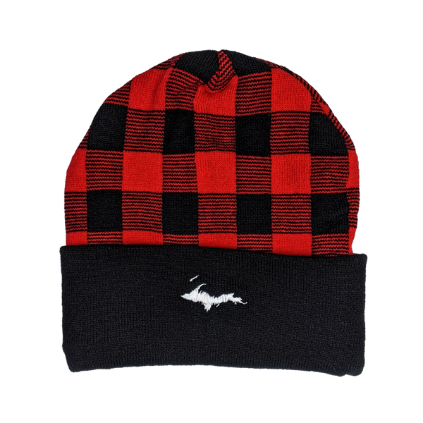 Beanie - "U.P. Silhouette" Black/True Red Plaid 12" Beanie