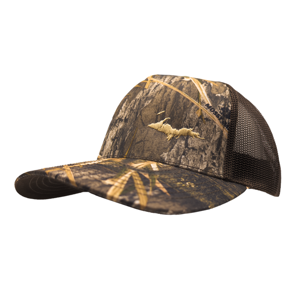 Hat - "U.P. Silhouette (Corner)" Mossy Oak Habitat/Brown Mid Profile Trucker Hat