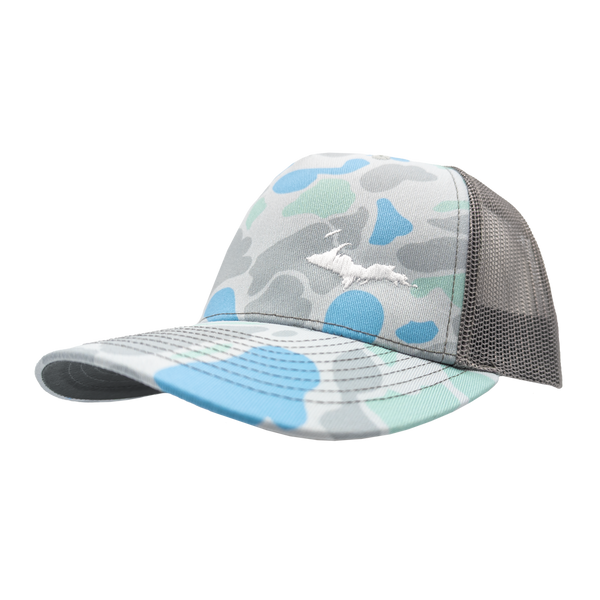 Hat - "U.P. Silhouette (Corner)" Saltwater Duck Camo/Charcoal Mid Profile Trucker Hat