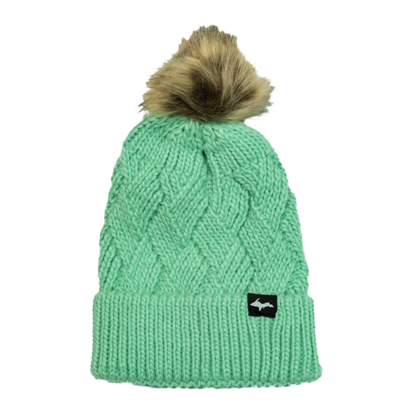 Beanie - "Upper Peninsula" Light Green Fur Pom Beanie