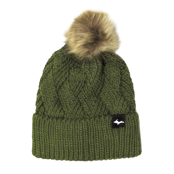 Beanie - "Upper Peninsula" Olive Fur Pom Beanie