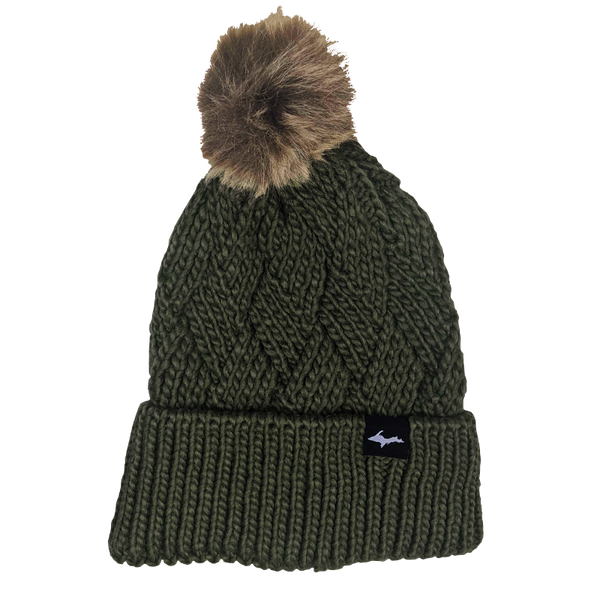 Beanie - "Upper Peninsula" Olive Fur Pom Beanie