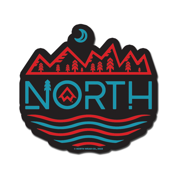 Sticker - "NORTH MTNS" 4" Red/Aqua Marine Window Decal