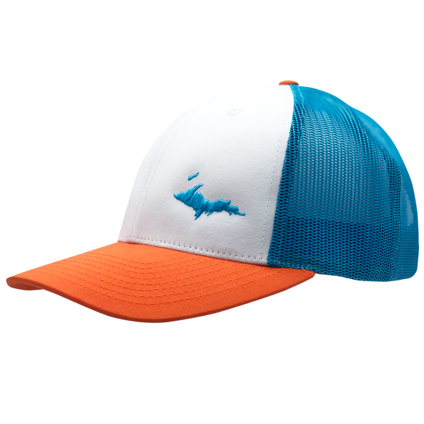 Hat - "U.P. Silhouette (Corner)" White/Blue Hawaiin/Pale Orange Low Profile Trucker Hat